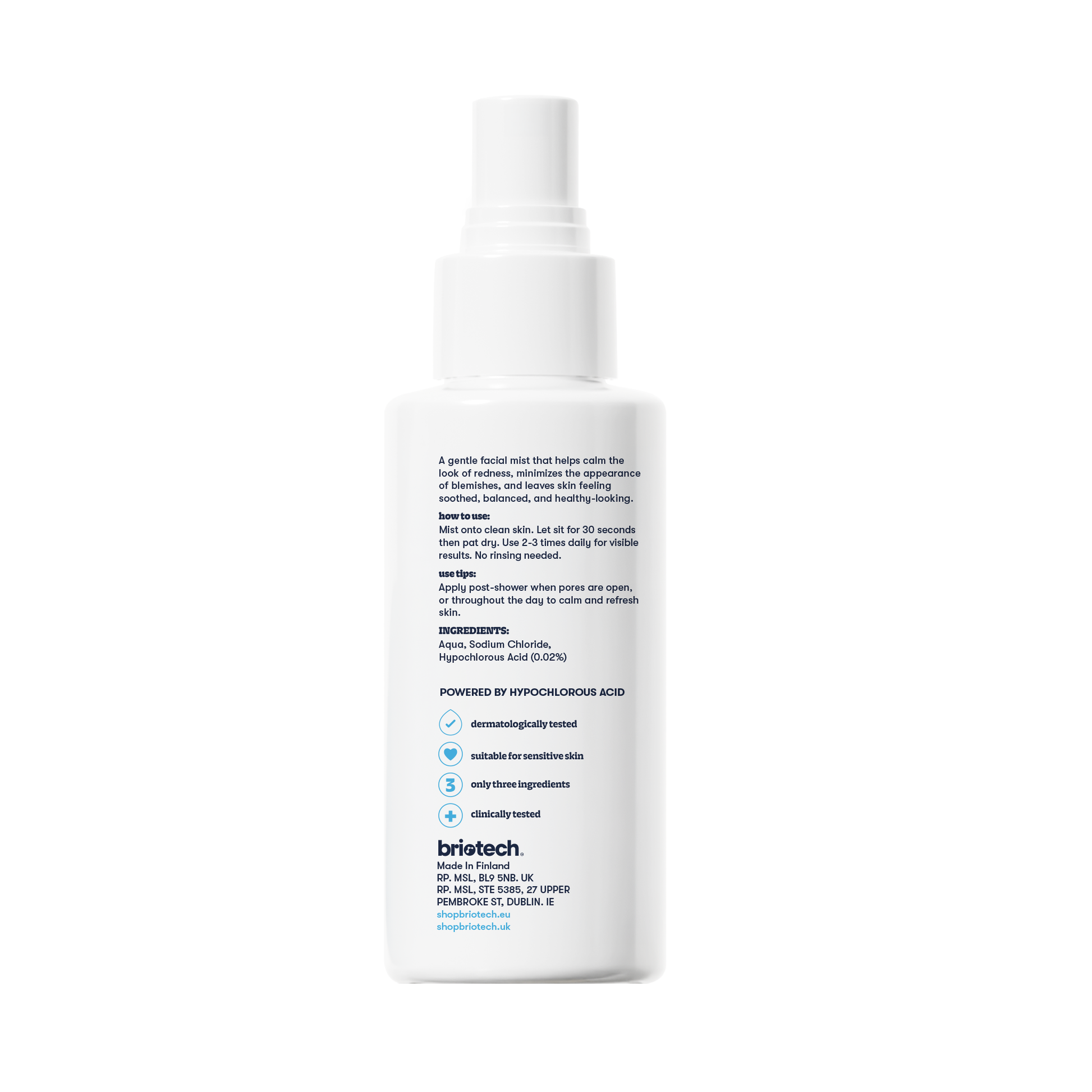 A white spray bottle of Renew Toner is displayed against a plain background, with a label showing product details, usage directions, and icons that highlight dermatologist testing and soothing benefits for sensitive skin.