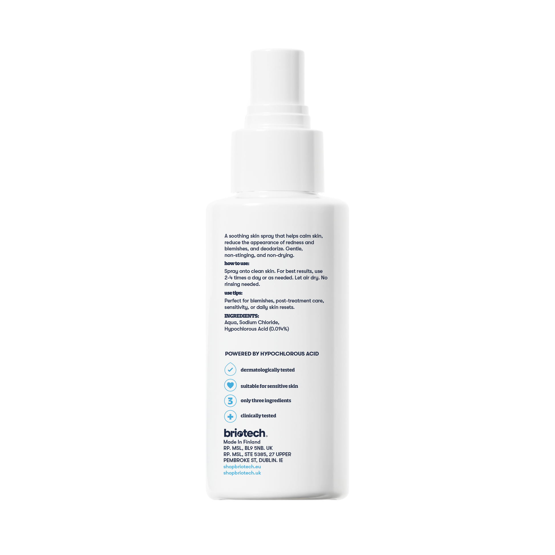 A white spray bottle labeled "Topical Skin Spray" features blue and black text highlighting benefits like reducing blemishes, calming irritation, suitable uses, key features, and company information.