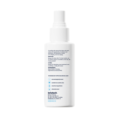 A white spray bottle labeled "Topical Skin Spray" features blue and black text highlighting benefits like reducing blemishes, calming irritation, suitable uses, key features, and company information.